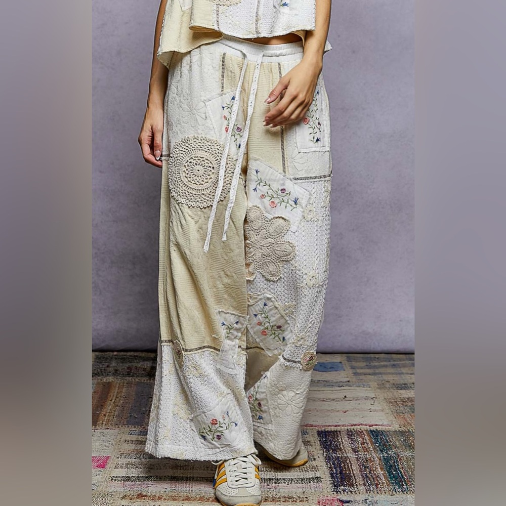 POL Solid Lace Patch Detail Woven Pants Bohemian Patchwork